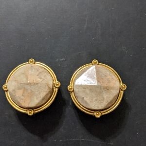 Gold Tone Round Beige Cream Jasper Gemstone Clip On Statement Earrings